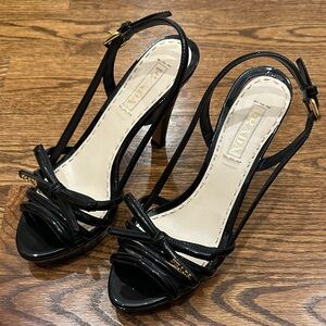 Prada Black Patent Platform Strappy Heels with Gold Accents